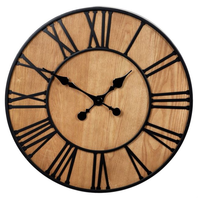 Hodiny nástenné - pr. 60 cm, kov a MDF s jaseňovou dyhou