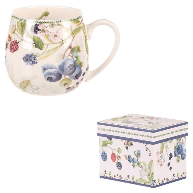 Hrnček v darčekovej dóze - porcelán, biely s lesnými plodmi