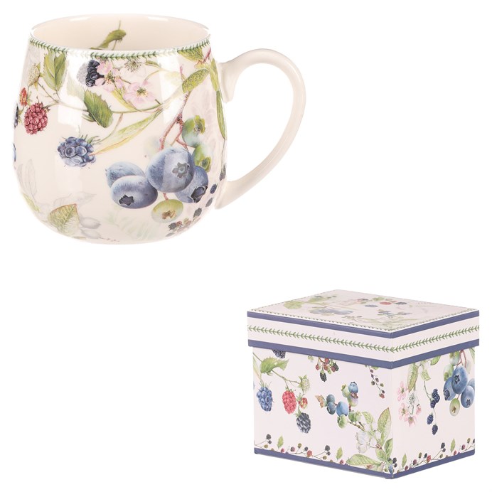 Hrnček v darčekovej dóze - porcelán, biely s lesnými plodmi
