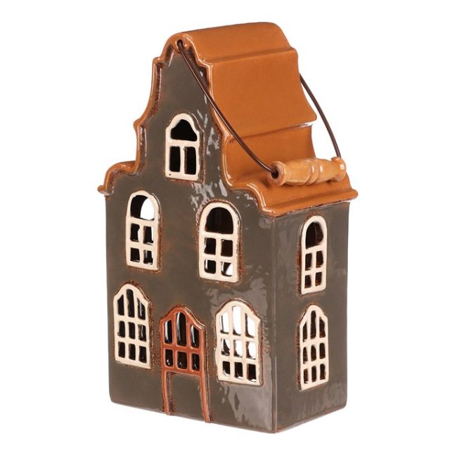 Domček keramický - poschodový, na čajovú sviečku, šedý