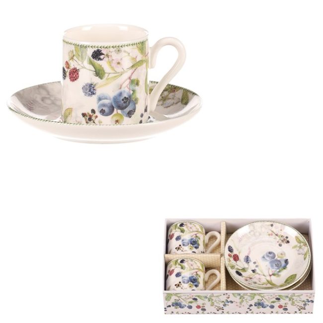 Hrnček s tanierikmi po 2 kusoch - darčekový set, porcelán, biely s lesnými plodmi