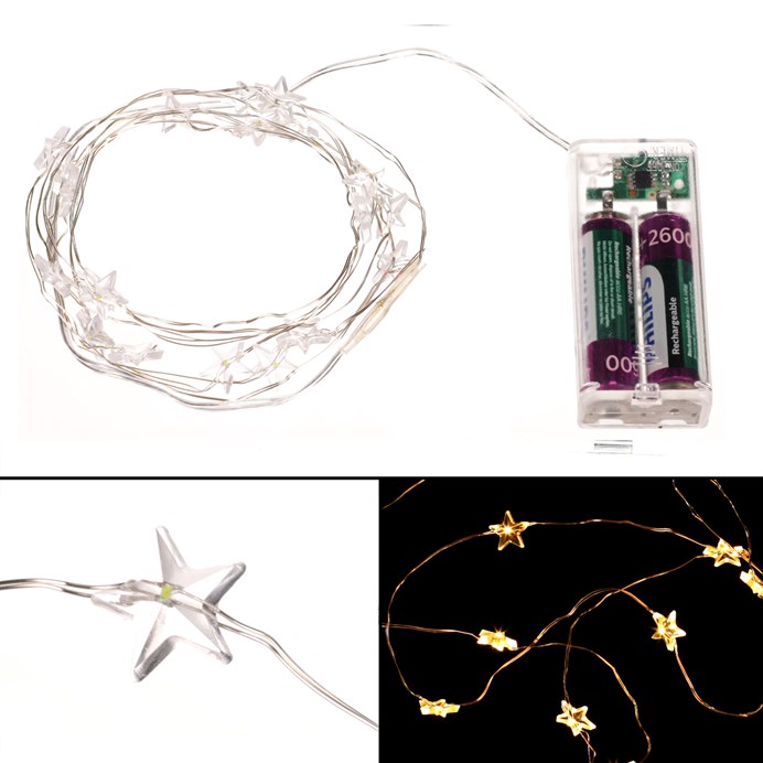 Reťaz s LED svetielkami - časovač, hviezdičky, teplá žltá farba, 2 m/20 LED