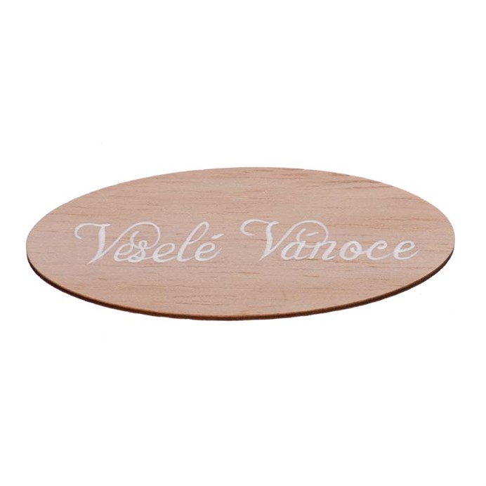 Ceduľka "Veselé Vianoce" - drevo, prírodné, v sáčku 12 ks, cena za 1 ks