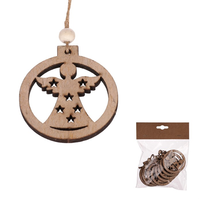 Anjel v kruhu - závesný, drevo, prírodný b., cena za balenie (8 ks)