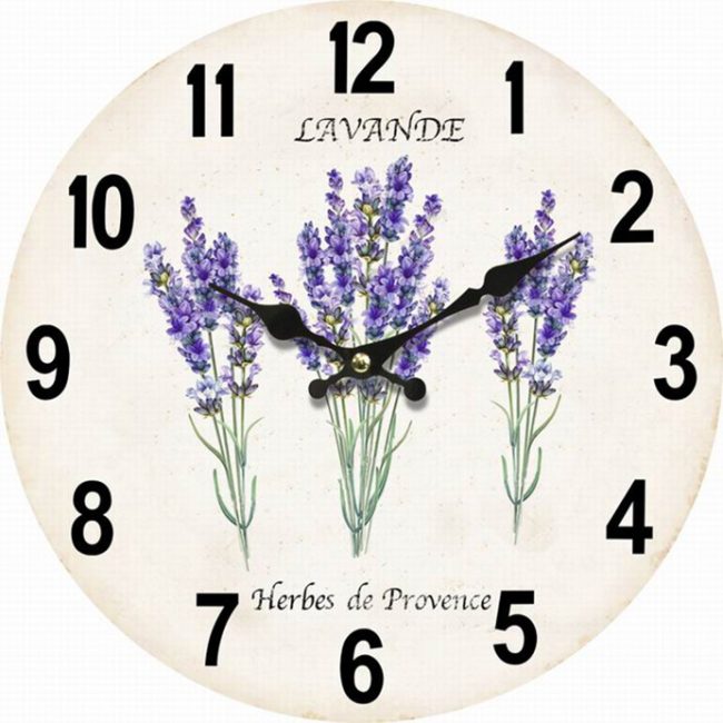 Hodiny nástenné - pr. 34 cm, MDF, biele s levanduľami