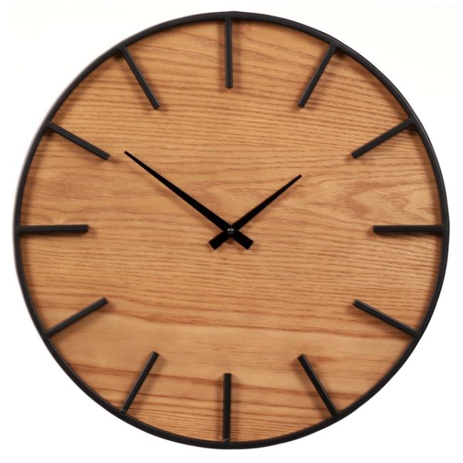 Hodiny nástenné - pr. 45 cm, kov a MDF s jaseňovou dyhou