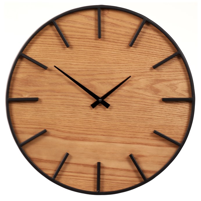 Hodiny nástenné - pr. 45 cm, kov a MDF s jaseňovou dyhou