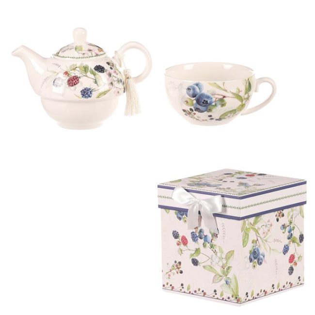 Kanvička so šálkou - darčekový set v krabičke, porcelán, biely s lesnými plodmi