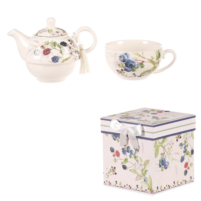 Kanvička so šálkou - darčekový set v krabičke, porcelán, biely s lesnými plodmi