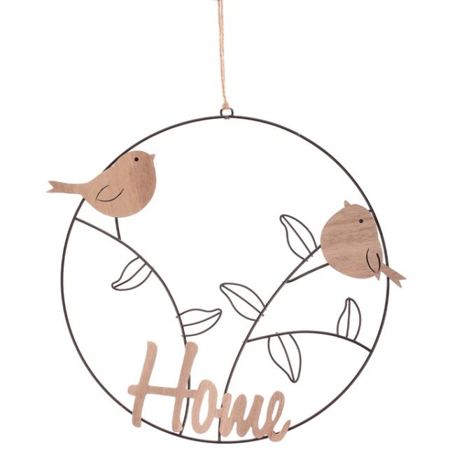 Kruh závesný - vtáčiky s nápisom "HOME", dekorácia z kovu a dreva