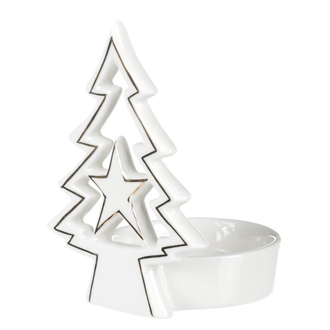 Svietnik na kónickú sviečku - porcelán, stromček a hviezda, biely