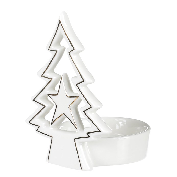Svietnik na kónickú sviečku - porcelán, stromček a hviezda, biely