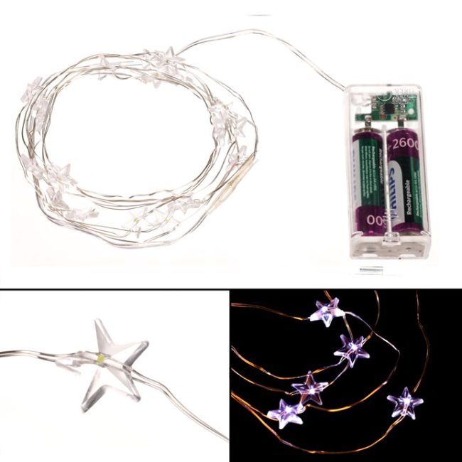 Reťaz s LED svetielkami - časovač, hviezdičky, studená biela farba, 2 m/20 LED