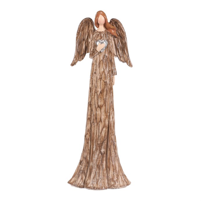 Anjel so strieborným srdcom - polyresin, 25 cm, hnedý