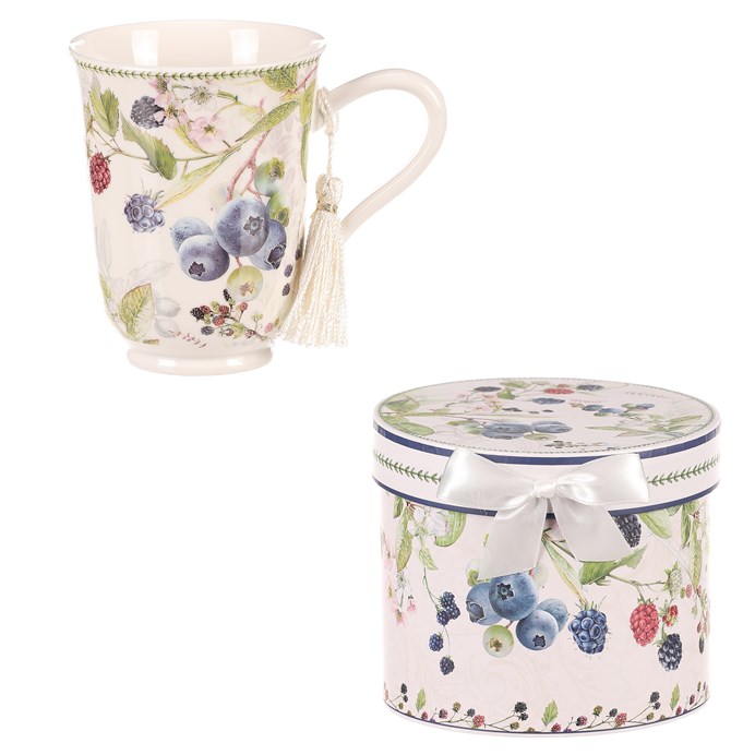 Hrnček v darčekovej dóze - porcelán, biely s lesnými plodmi