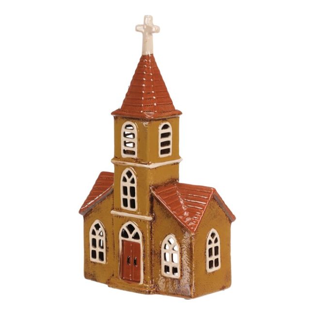 Domček keramický - kostolík, na čajovú sviečku, hnedý