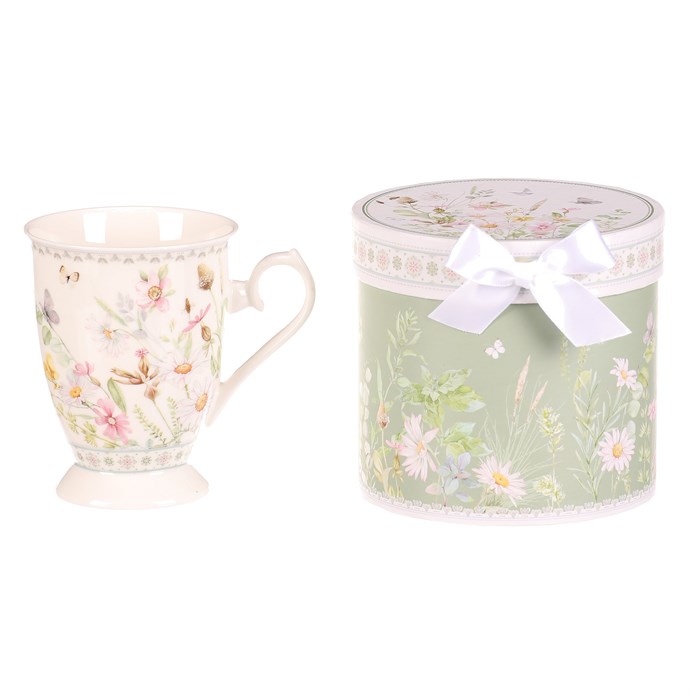 Hrnček maľovaný - porcelán, darčeková dóza, motív rozkvitnutej lúky