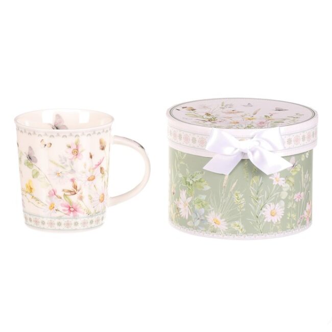 Hrnček maľovaný - porcelán, darčeková dóza, motív rozkvitnutej lúky