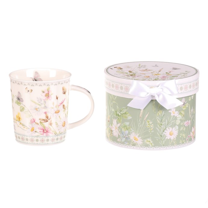 Hrnček maľovaný - porcelán, darčeková dóza, motív rozkvitnutej lúky