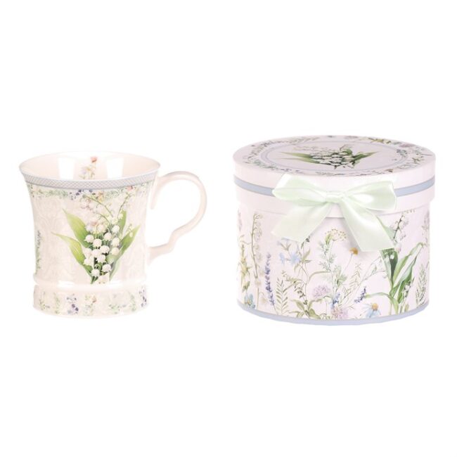 Hrnček maľovaný - porcelán, darčeková dóza, motív s konvalinkami