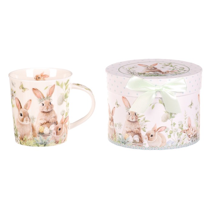 Hrnček maľovaný - porcelán, darčeková dóza, motív so zajačikmi