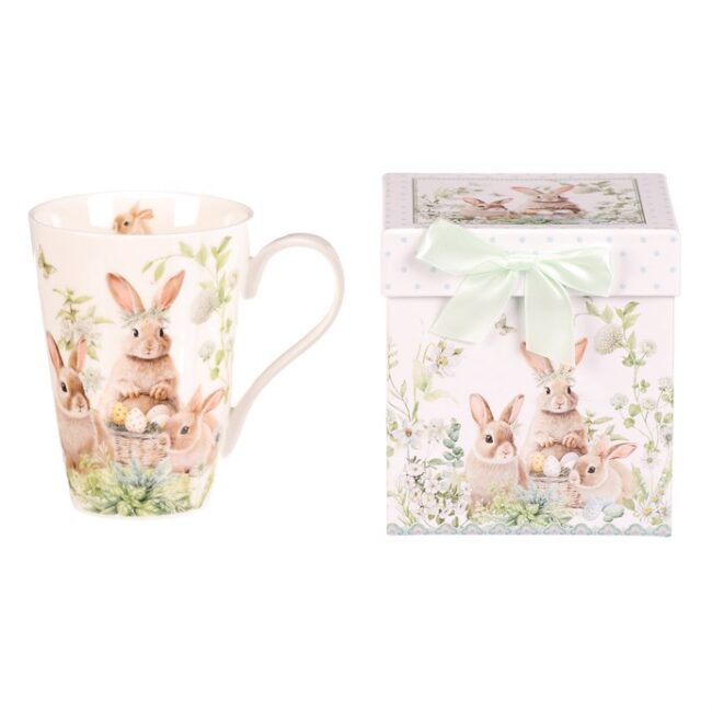 Hrnček maľovaný - porcelán, darčeková dóza, motív so zajačikmi